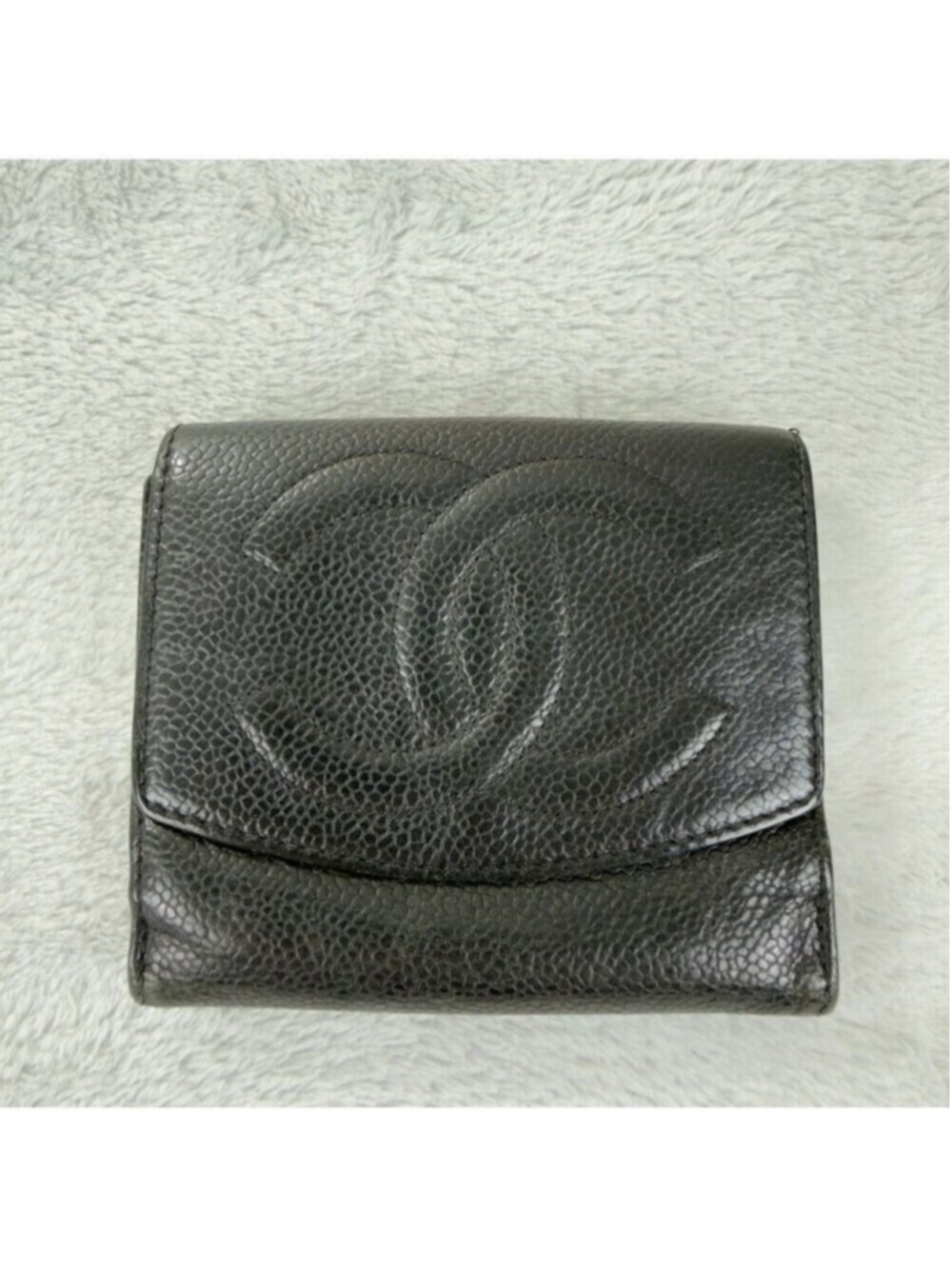 Chanel CC Logo Grained Calfskin Leather Bifold Black Wallet Embroidered